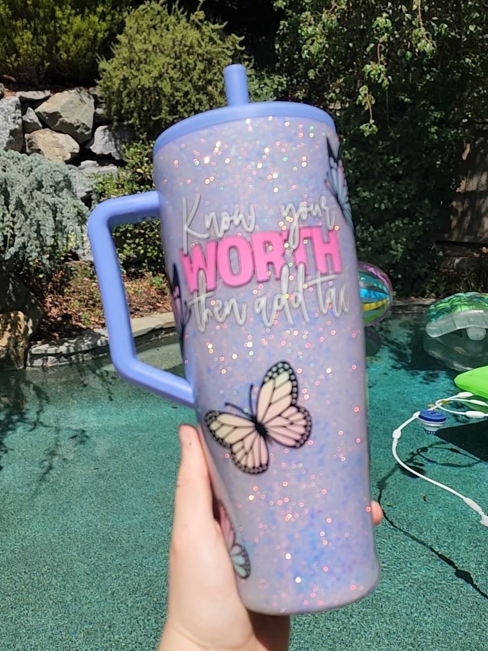 Glitter Lilac Butterfly Travel Tumbler with Handle and Straw